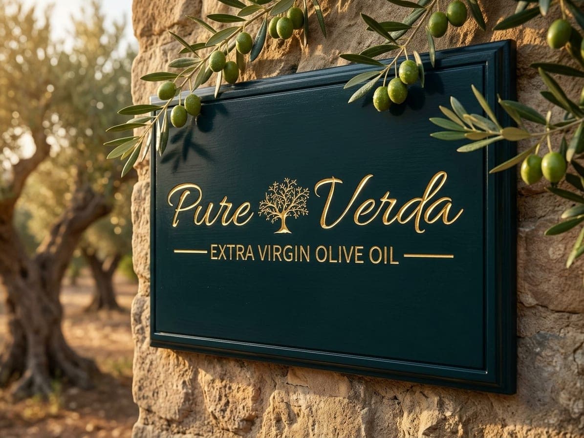 Pure Verda zeytinliğinde marka tabelası