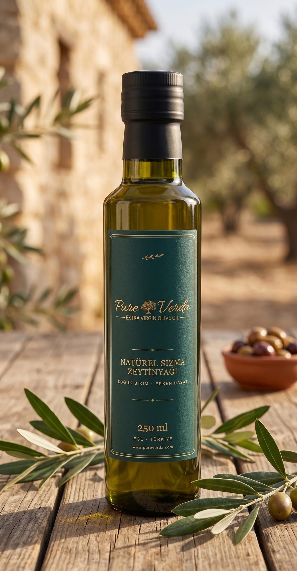 Pure Verda Natürel Sızma Zeytinyağı şişesi, zeytin dallarıyla