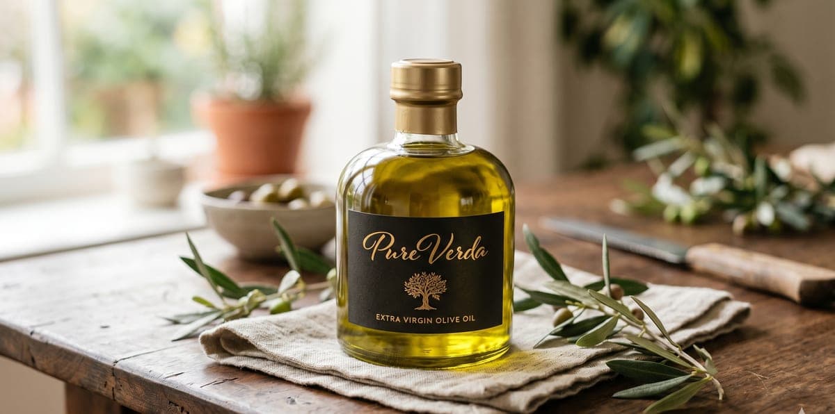 Pure Verda Natürel Sızma Zeytinyağı şişesi, zeytin dallarıyla