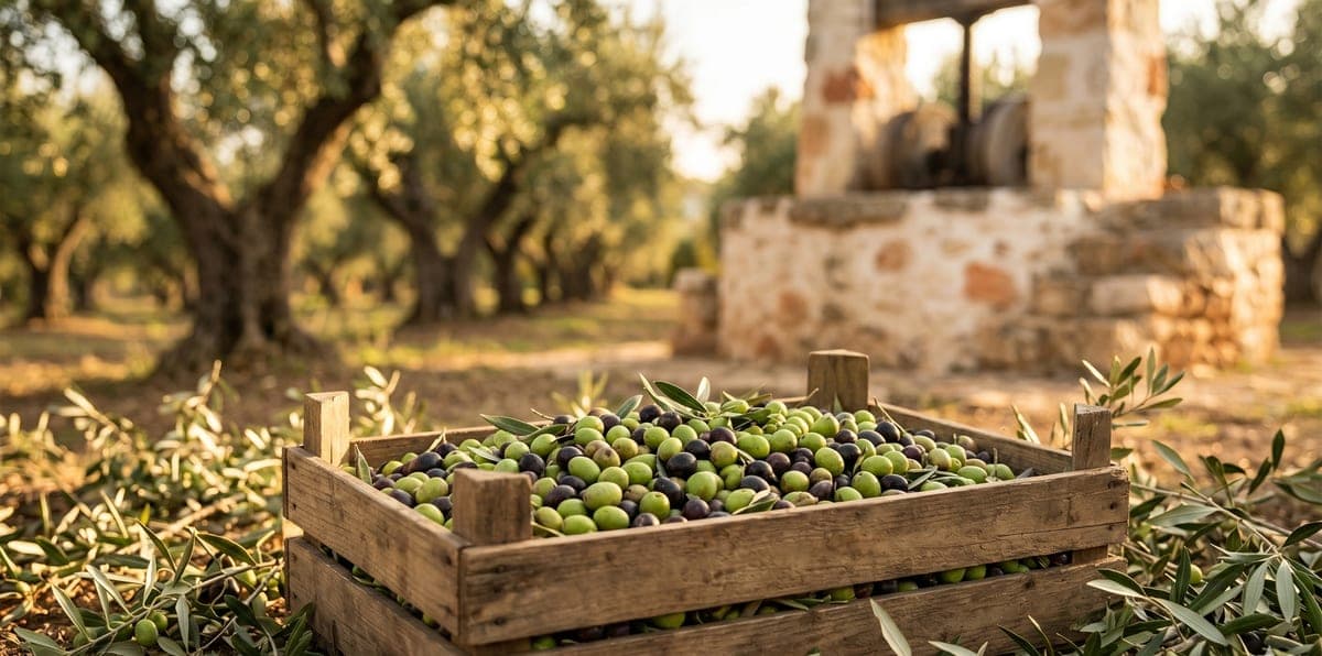 Pure Verda zeytin hasadı, taze toplanmış zeytinler